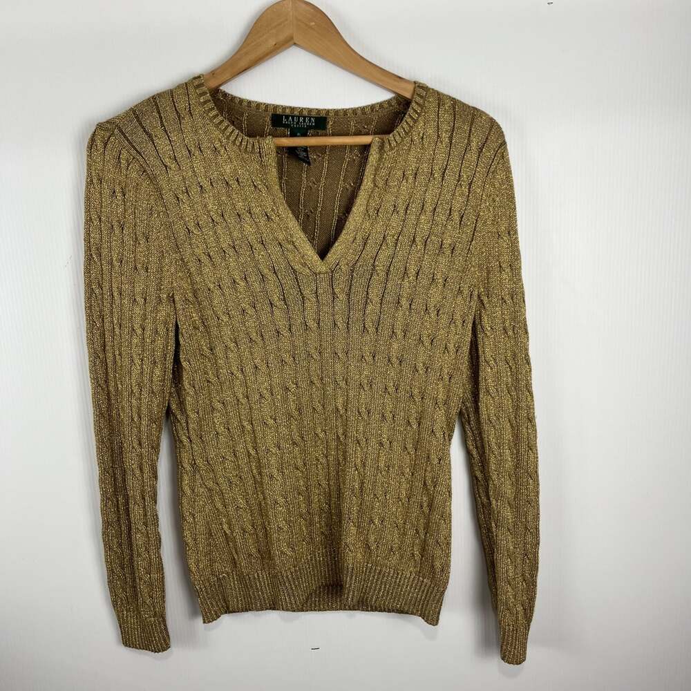 Lauren Ralph Lauren Gold Metallic V-Neck Sweater Women’s Size Petite Large